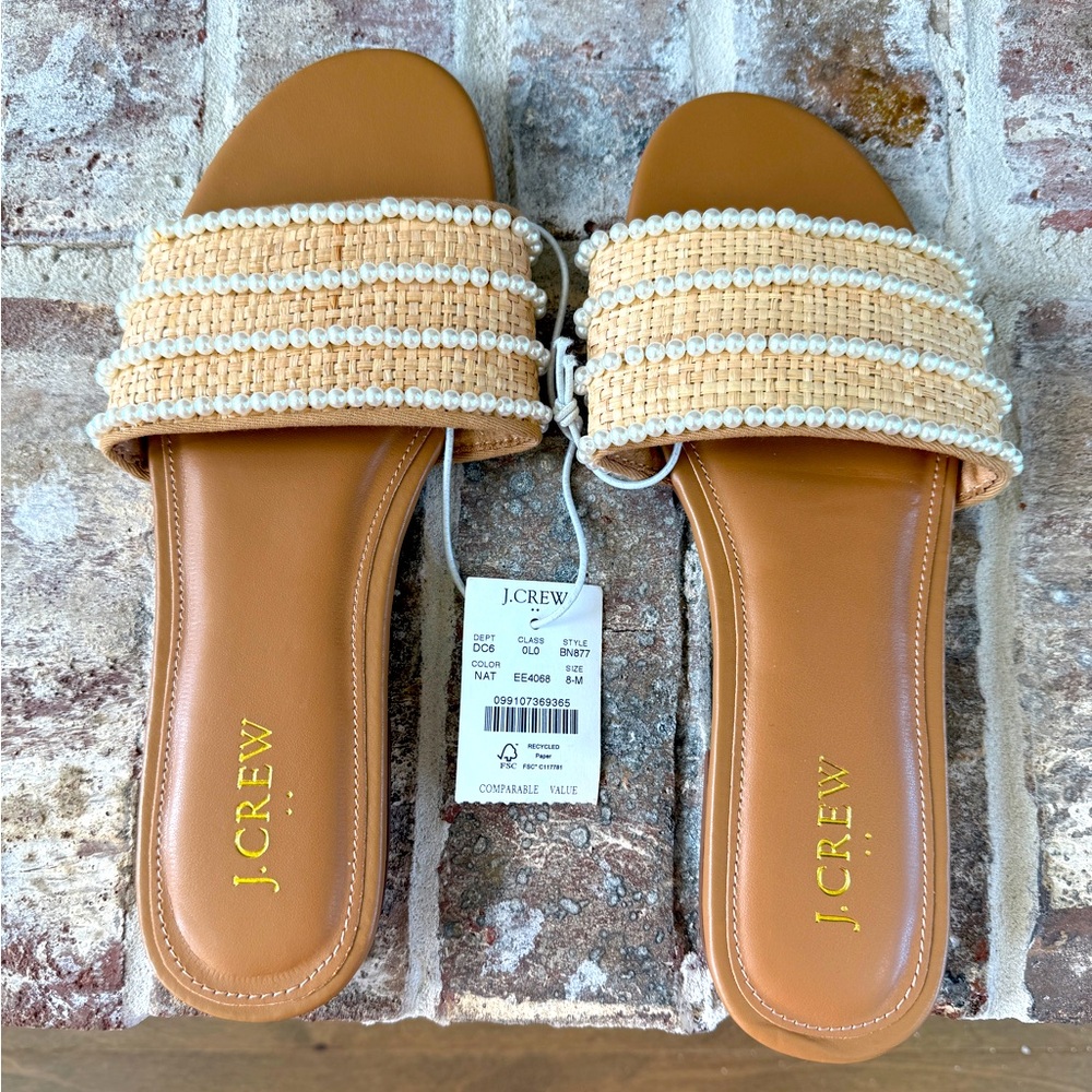 J.Crew Raffia and Pearl Slides